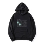 Moletom com capuz preto com design da tabela periódica dos elementos químicos, ideal para os amantes de ciência e decoração científica.