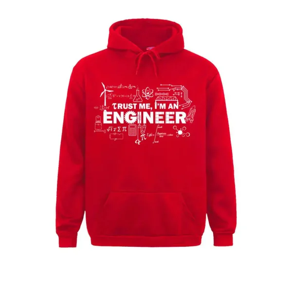 Confira este moletom com capuz vermelho com um padrão de engenheiro e símbolos científicos, perfeito para os apaixonados por engenharia e ciências.
