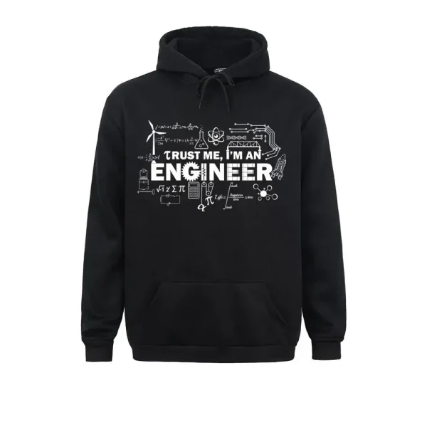 Moletom com capuz preto com inscrição "Trust me, I'm an engineer" e ilustrações técnicas.