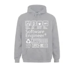 Sweat com capuz cinza com padrões relacionados à engenharia de software, ideal para os apaixonados por tecnologia e programação.