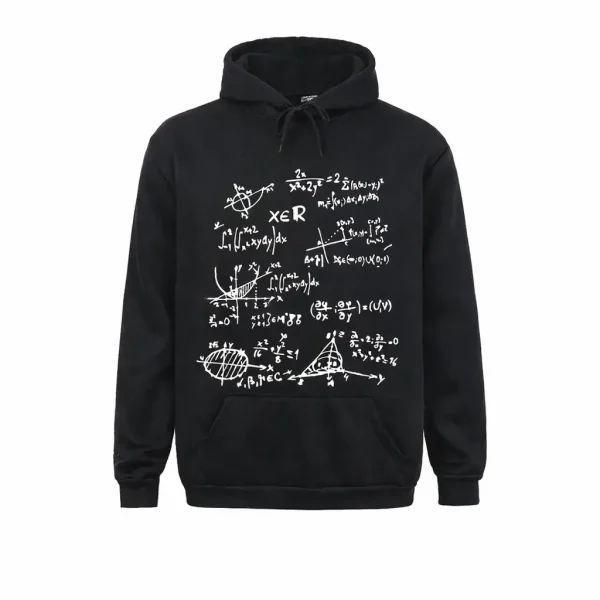 Moletom com capuz preto com equações matemáticas brancas, perfeito para os amantes de ciências e matemática, aliando estilo e paixão pela ciência.