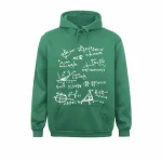 Moletom com capuz verde com ilustrações de equações matemáticas, perfeito para os amantes de ciências e matemática.
