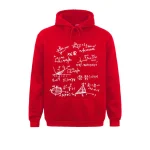 Moletom com capuz vermelho com ilustrações de equações matemáticas complexas em branco, perfeito para os amantes de ciências e matemática.