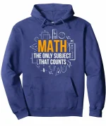 Casaco com capuz azul com padrão matemático e slogan "Math, the only subject that counts" para os amantes de ciências. Perfeito para mostrar a sua paixão pela matemática no dia a dia.