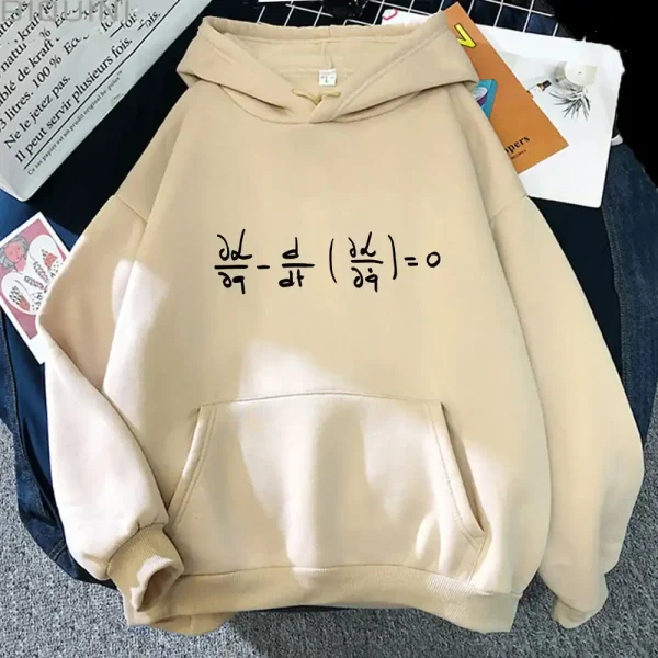 Camisola com capuz bege com uma equação matemática em derivadas exibida em preto no centro, ideal para os amantes de ciências e matemática.