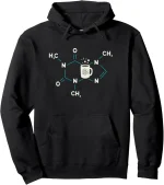 Sweatshirt com capuz preto com design molecular e xícara de café, perfeito para os amantes de ciência e química, combinando estilo e paixão científica.