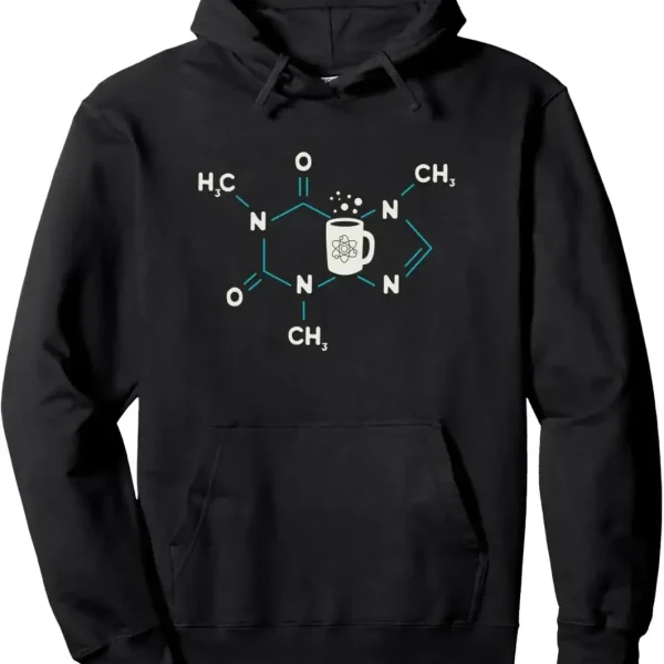 Sweatshirt com capuz preto com design molecular e xícara de café, perfeito para os amantes de ciência e química, combinando estilo e paixão científica.