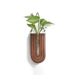 Suporte de parede em madeira com planta verde suspensa.
