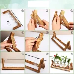 Suporte de laboratório em madeira para experiências científicas, ideal para manuseio de tubos de ensaio e outros equipamentos de laboratório.