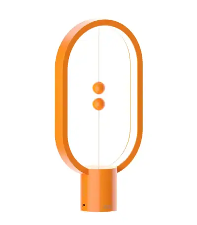 Lampe de bureau design en forme d'ovale orange avec deux boutons pour l'éclairage.