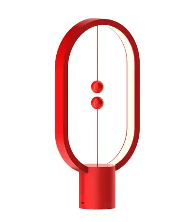 Lampe de bureau design en forme d'atome avec deux sphères rouges représentant un modèle scientifique, idéale pour une décoration moderne et éducative.