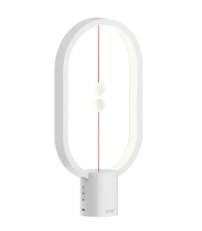 Lâmpada de mesa LED branca com design minimalista, ideal para iluminação auxiliar em um espaço de trabalho ou leitura.