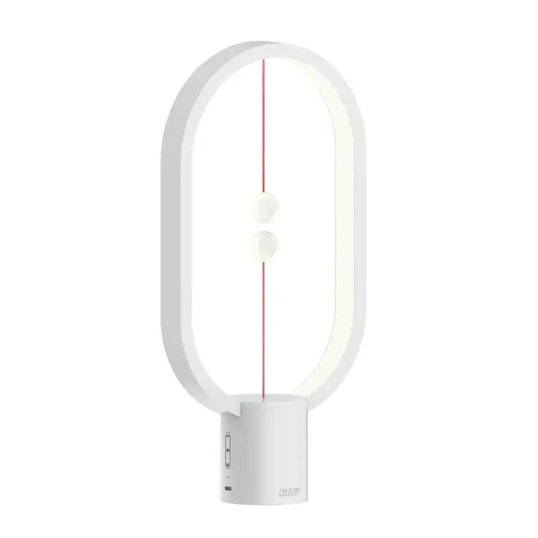 Lâmpada de mesa LED branca com design minimalista, ideal para iluminação auxiliar em um espaço de trabalho ou leitura.