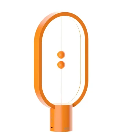 Lâmpada de mesa design em forma de oval laranja com dois botões para iluminação.