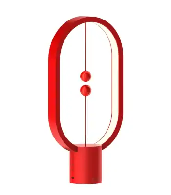Lâmpada de mesa design em forma de átomo com duas esferas vermelhas representando um modelo científico, ideal para uma decoração moderna e educativa.