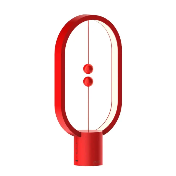 Lâmpada de mesa design em forma de átomo com duas esferas vermelhas representando um modelo científico, ideal para uma decoração moderna e educativa.