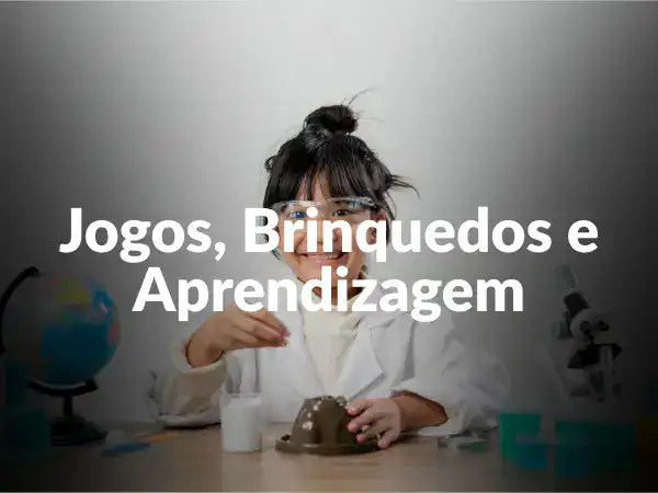 Criança com cabelo preso, usando jaleco, a manipular um brinquedo de ciência em ambiente de laboratório educativo.